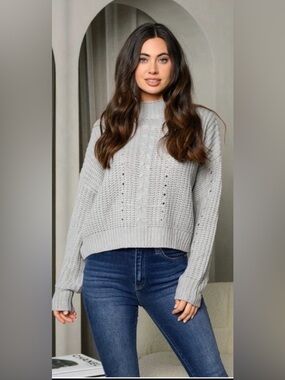 New Light Grey Long Sleeve Mock Neck Trendy Women's Fall Knit Sweater